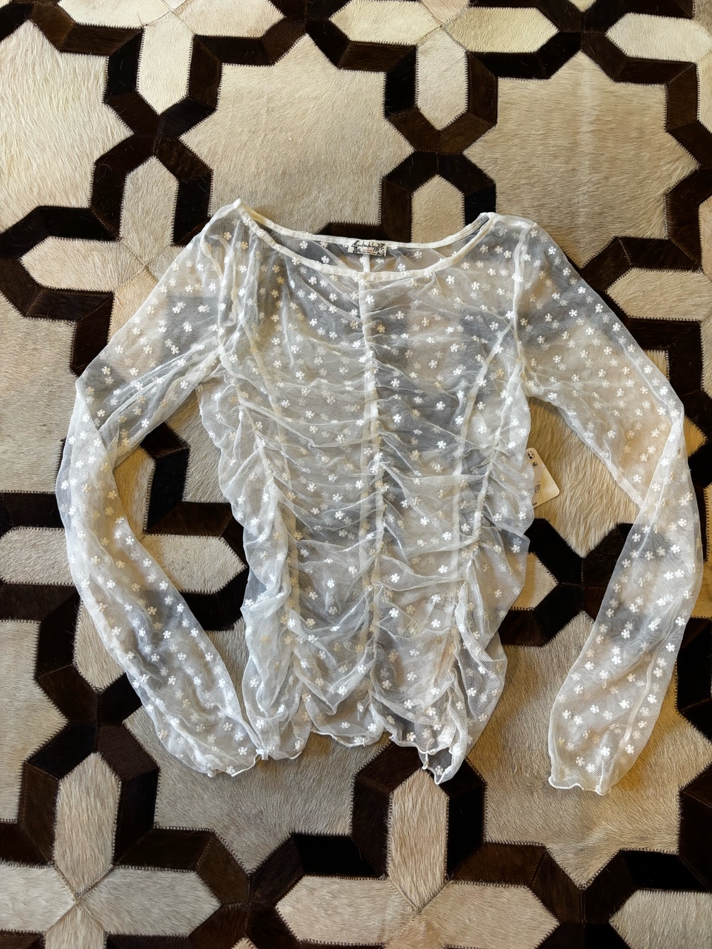 Free People Sheer White Embroidered Floral Mesh Top